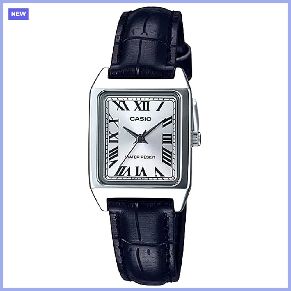 Rectangular Leather Strap Silver Roman Dial Dress… - image 1